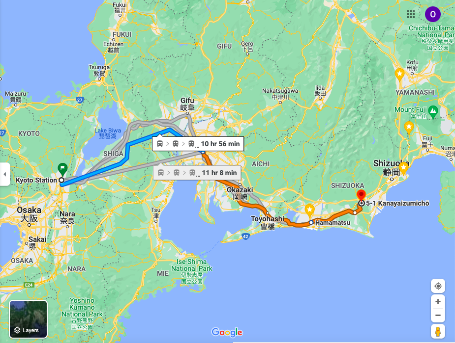 Map from Kyoto to us